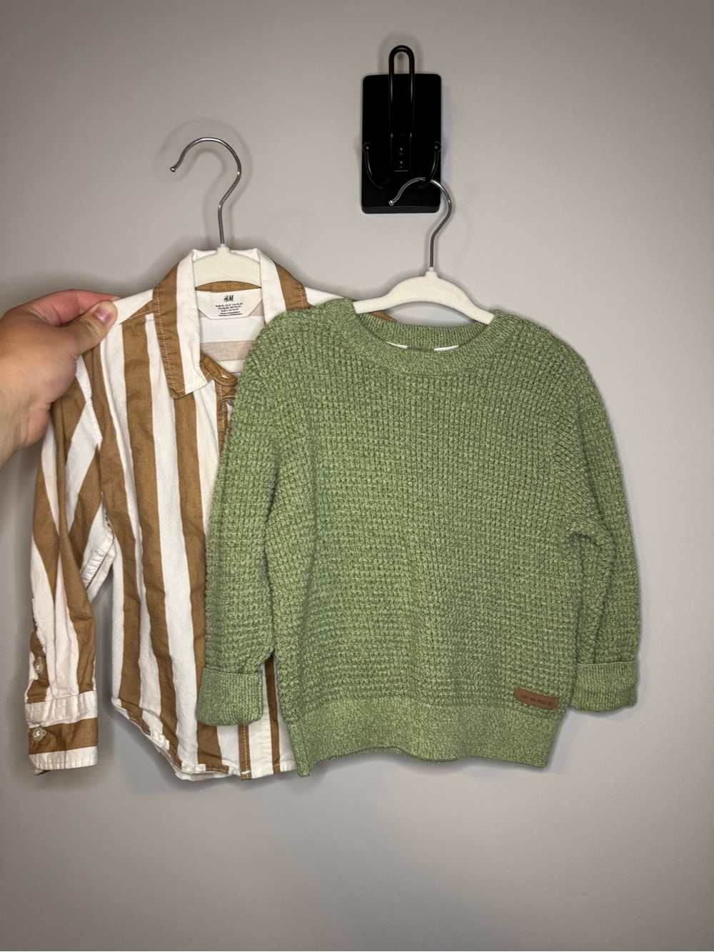 H&M White and Brown Vertical Stripe Button-Down Shirt / H&M Green Sweater US-2T